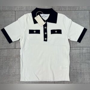 New Rihoas Women’s White Knit Polo Trimmed In Navy With Silver Buttons Small